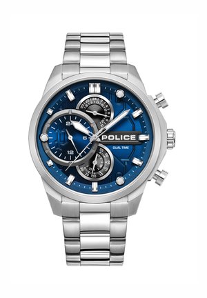 Orologio in acciaio inossidabile argento con quadrante blu, dotato di tre sub-quadranti, accenti argentati e cinturino a maglie. Contrassegnato con "POLICE" e "DUAL TIME".