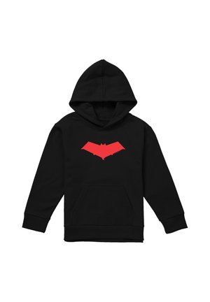 Schwarzer Kapuzenpullover mit einem roten, stilisierten Fledermaussymbol auf der Brust und einer vorderen Kängurutasche.