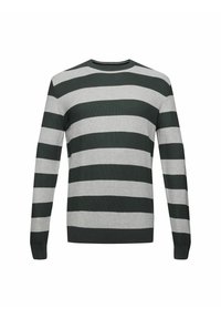 Pull col rond avec larges rayures horizontales noires et grises, manches longues et poignets ajustés.