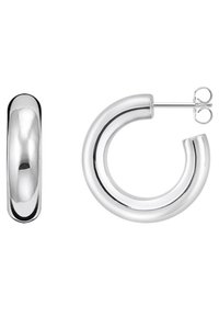 Silberne Creolen mit einer glatten, polierten Oberfläche. Das Design zeichnet sich durch eine dicke, abgerundete Form und einen sicheren Steckverschluss aus.