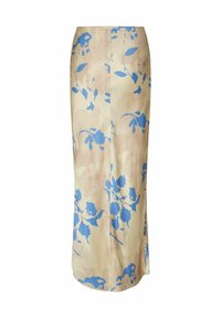 Bloemenmaxi-rok in beige en blauwe tinten, met een soepel stof, aansluitend ontwerp en een rechte silhouet met een zijsplit.