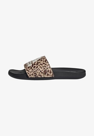Leopard print slide sandal with a black base, featuring a wide strap and textured surface for grip. Branding visible on the strap.