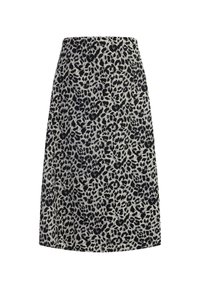 Leopardmønstret nederdel med en flared design. Hovedfarverne er sort og beige. Fremstillet af et glat, let stof for komfort.
