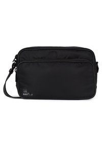Sort nylon crossbody taske med justerbar skulderrem, rektangulær form, top zip-lukning og forlomma. Har diskret logo detalje.