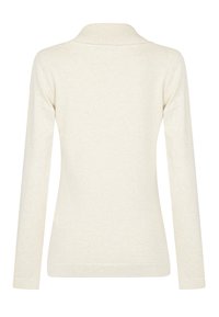 Top beige a maniche lunghe con collo a coste. Tessuto morbido e strutturato con silhouette aderente e senza decorazioni visibili.