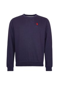 Marineblauwe crew neck sweatshirt met lange mouwen en een klein rood geborduurd logo op de linkerborst.