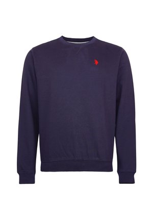 Marineblaues Sweatshirt mit Rundhalsausschnitt und langen Ärmeln, mit kleinem roten gestickten Logo auf der linken Brust.
