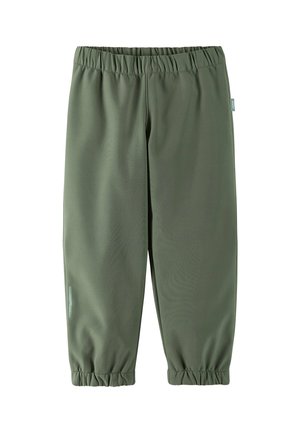 Pantaloni verdi elasticizzati con vita elastica, polsini arricciati e una texture liscia. Presentano un sottile dettaglio laterale vicino all'orlo.