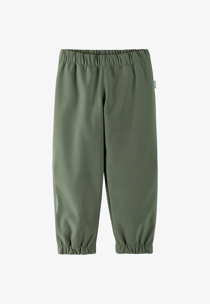 Grüne, dehnbare Hosen mit einem elastischen Bund, gerafften Bündchen und einer glatten Textur. Verfügt über einen subtilen seitlichen Akzent in der Nähe des Saums.