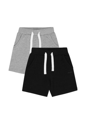 Zwei Paare Shorts für Kinder, eines grau und eines schwarz, jeweils mit weißen Kordeln und Seitentaschen.