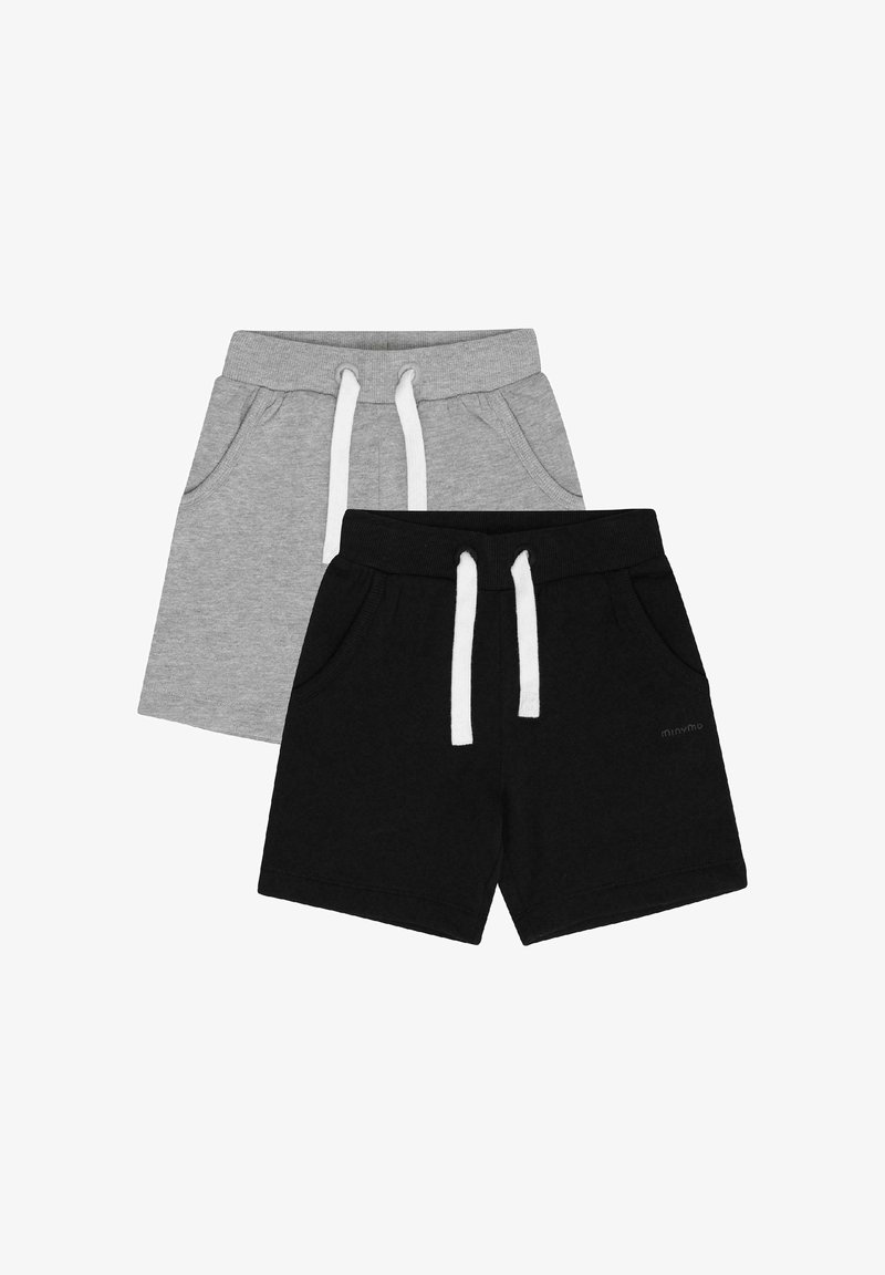 Deux paires de shorts pour enfants, une grise et une noire, chacune avec des cordons blancs et des poches latérales.