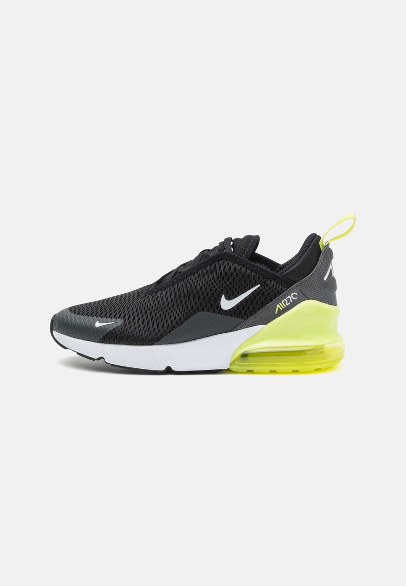Schwarz-grauer Nike Air Max 270 Sneaker mit weißen Swoosh-Logos, neon-gelber Luftpolstersohle und Zuglasche an der Ferse.