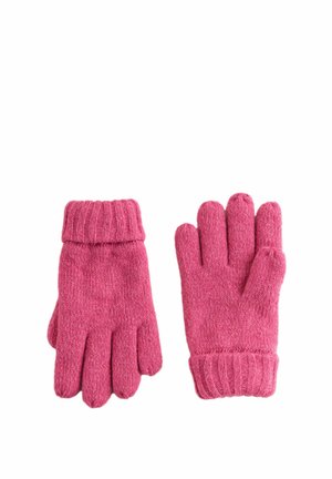 Coppia di guanti invernali rosa lavorati a maglia con polsini a coste, mostrati distesi con una palma verso il basso e l'altra verso l'alto.