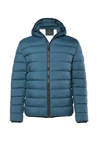 Giacca imbottita con cappuccio, di colore turchese scuro, chiusura con zip e design trapuntato orizzontale. Rifiniture nere su polsini e orlo.