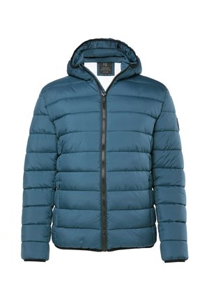Gepolsterte Jacke mit Kapuze in einem tiefen Petrolton, Reißverschluss und horizontal gestepptem Design. Schwarze Einfassung an Bündchen und Saum.