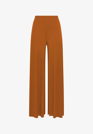 Pantalon taille haute orange brûlé à jambes larges, devant lisse et coupe fluide et décontractée.
