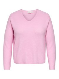 Pink v-neck sweater made of soft knit fabric. It features a relaxed fit with long sleeves and a horizontal rib texture throughout.