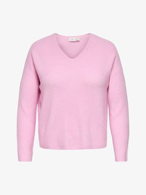 Rosa tröja med V-ringning i mjukt stickat tyg. Den har en avslappnad passform med långa ärmar och en horisontell ribbad textur över hela.