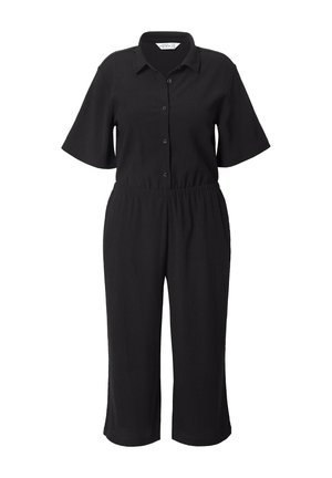 Sort jumpsuit lavet af struktureret stof, med korte ærmer, kraveudskæring, knaplukning og elastisk talje. Beskåret benlængde.