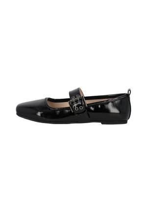 Black patent leather ballet flats with a pointed toe, featuring a decorative strap and buckle detail on the side. Smooth, reflective texture.