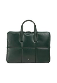 Donkergroene leren laptoptas met een gequilt design, voorzien van twee handvatten, een ritssluiting en een klein reliëflogo aan de voorkant.