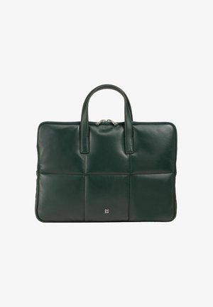 Borsa per laptop in pelle verde scuro con design trapuntato, dotata di due manici, chiusura con zip e un piccolo logo in rilievo sul davanti.