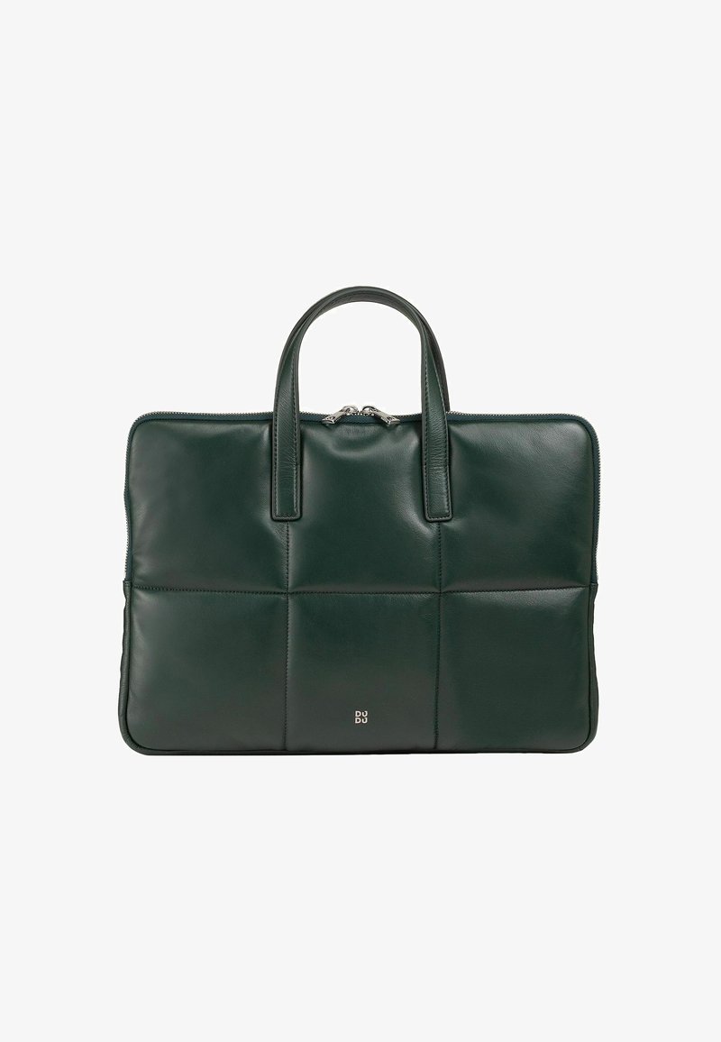 Dunkelgrüne Leder-Laptoptasche mit einem gesteppten Design, ausgestattet mit zwei Griffen, einem Reißverschluss und einem kleinen geprägten Logo auf der Vorderseite.