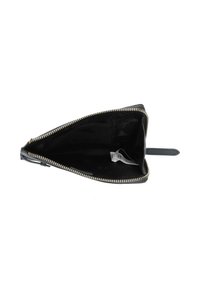 Black leather wallet with a zippered closure, featuring a textured interior and gold-tone zipper accents. Geometric internal pattern visible.