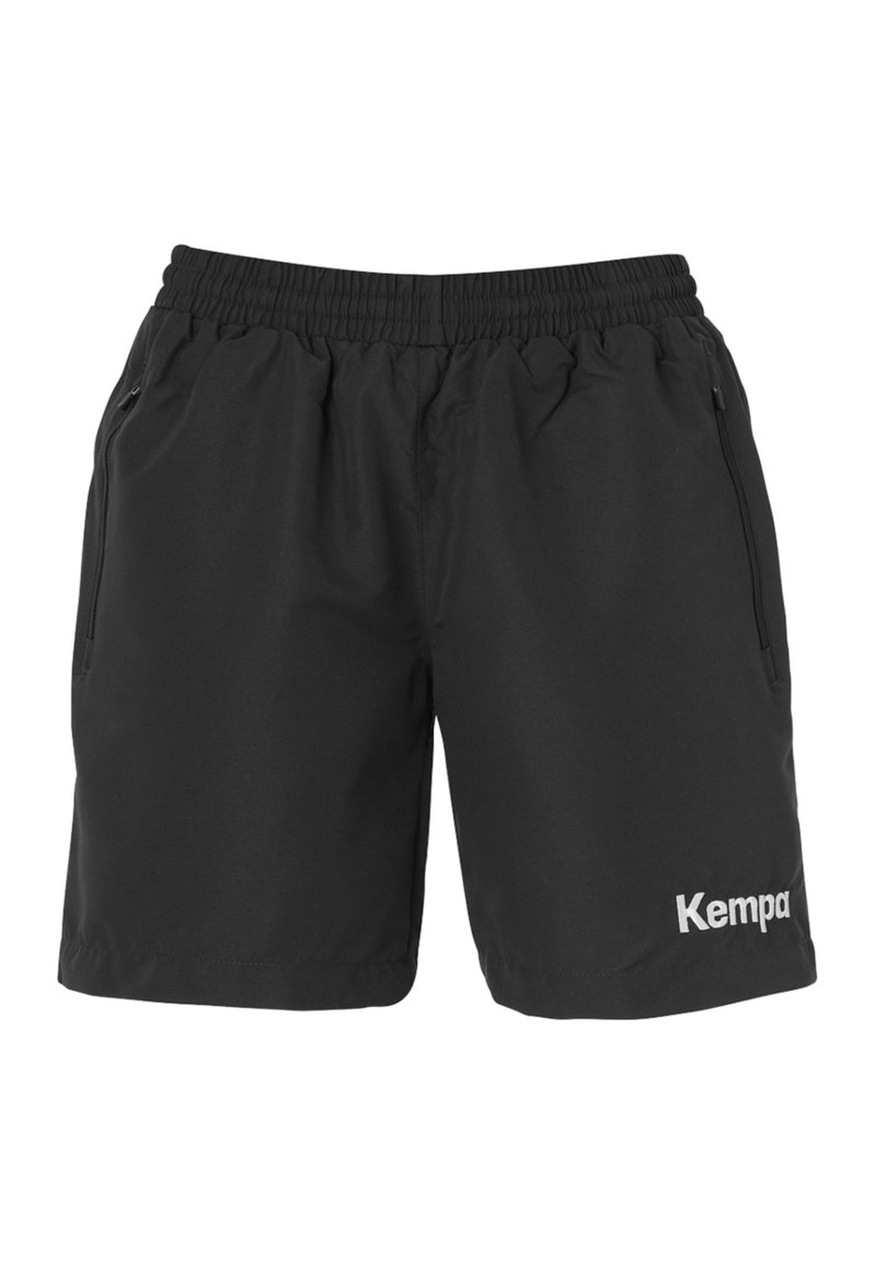 Shorts de sport noirs avec une taille élastique, deux poches latérales et un logo "Kempa" blanc en bas à droite. Fabriqués en tissu léger.