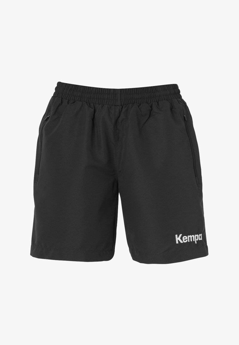 Black sports shorts with an elastic waistband, two side pockets, and white "Kempa" logo on the lower right side. Made from lightweight fabric.