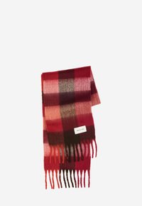 Écharpe à carreaux dans des nuances de rouge, rose et marron. Fabriquée en matériau doux, avec des bords frangés et une étiquette de marque blanche.