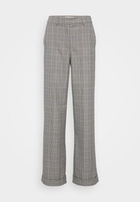 Pantaloni a scacchi grigi con una vestibilità rilassata, presentano una gamba larga, sottili accenti blu e un orlo risvoltato. Realizzati in un tessuto strutturato.