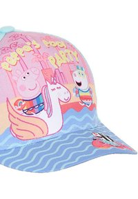 Kinderkappe mit einem pinken und blauen Design, auf dem ein Cartoon-Einhorn und Charaktere abgebildet sind, sowie dem Text "Peppas Poolparty" und Wellenmustern am Schirm.