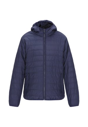 Giacca imbottita blu navy con cappuccio, realizzata in tessuto trapuntato. Presenta una zip frontale e tasche laterali. Texture liscia e design informale.