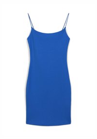 Vestito blu senza maniche con sottili spalline a spaghetti, tessuto liscio, silhouette aderente, orlo all'altezza del ginocchio e un colore uniforme senza motivi.