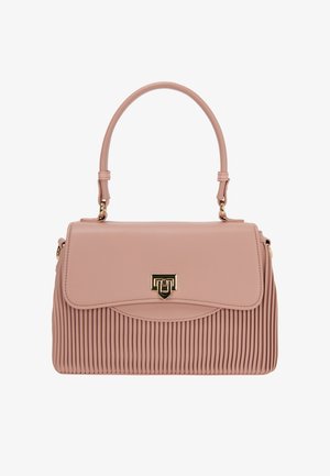 Roze geplooide handtas van synthetisch materiaal, met een gouden sluiting en een gestructureerde bovenhandgreep. Glad oppervlak met een subtiele shimmer.