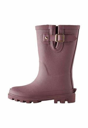 Mid-height purple rubber rain boot with textured surface, decorative side strap, gold buckle, and lug sole for traction.