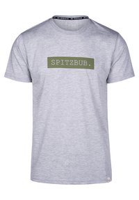 Gray cotton t-shirt featuring a rectangular green logo with the text "SPITZBUB." below a round neckline. Short sleeves and a minimal design.