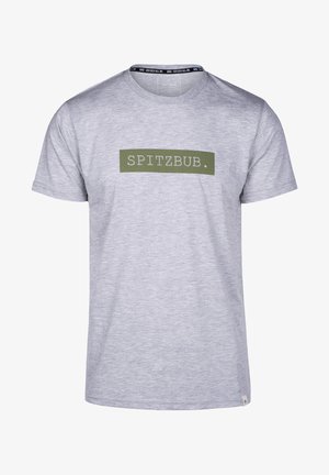 Graues Baumwoll-T-Shirt mit einem rechteckigen grünen Logo, das den Text "SPITZBUB" zeigt, unter einem runden Ausschnitt. Kurze Ärmel und ein minimalistisches Design.