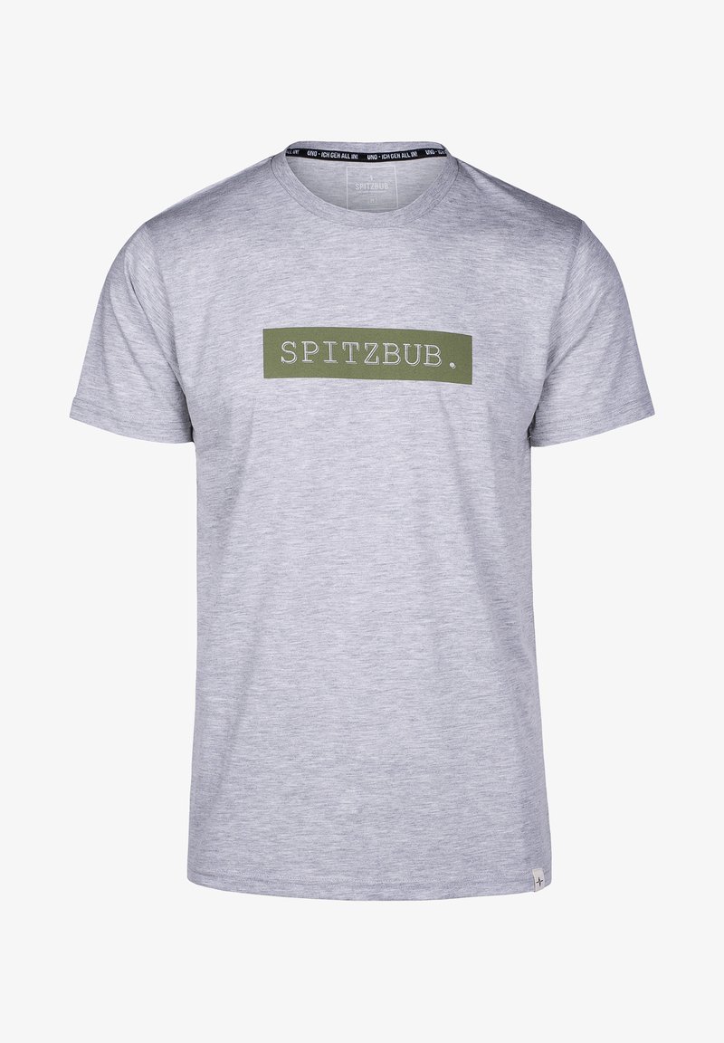 Gray cotton t-shirt featuring a rectangular green logo with the text "SPITZBUB." below a round neckline. Short sleeves and a minimal design.
