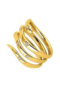 Anillo de color dorado con bandas en forma de ola, adornado con pequeños acentos en forma de estrella y piedras preciosas transparentes, que exhibe una textura pulida.