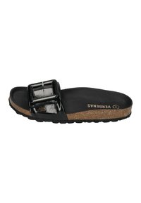 Black slide sandal with a glossy finish, wide strap featuring a square buckle, cork midsole, and textured black outsole.