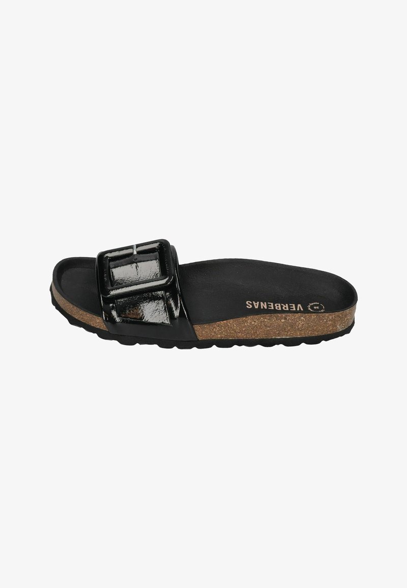 Black slide sandal with a glossy finish, wide strap featuring a square buckle, cork midsole, and textured black outsole.
