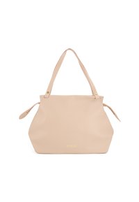 Stor beige læder tote taske med to korte håndtag, tryklås og prægede logo. Glat tekstur og blødt struktureret form.