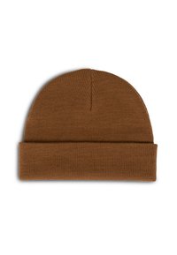 Beanie marrone in maglia con texture a coste e risvolto. Il design presenta una finitura liscia e un materiale morbido ed elastico.