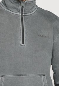 Felpa grigia con cerniera a quarto di zip e tasca a marsupio, con la scritta “Carhartt” ricamata sul petto, indossata da una persona.