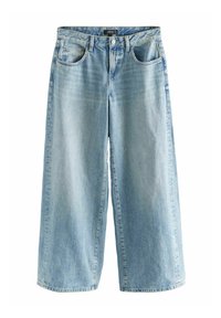Ljusblå denim byxor med vida ben och hög midja, femficksdesign och subtilt blekt mönster. Har en knapp- och dragkedjestängning.