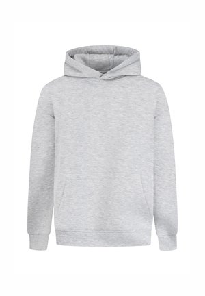 Hellgrauer Hoodie aus weichem Stoff, mit einer Vorderasche, Kapuze mit Kordelzug, langen Ärmeln und gerippten Bündchen sowie Saum.