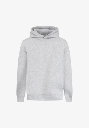 Lysegrå hoodie lavet af blødt stof, med en frontlomme, hætte med snor, lange ærmer samt ribbede manchetter og bund.