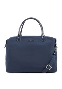 Sac à main en nylon bleu marine avec poignées et bandoulière en cuir verni, quincaillerie en métal, forme rectangulaire et détail du logo à l'avant.